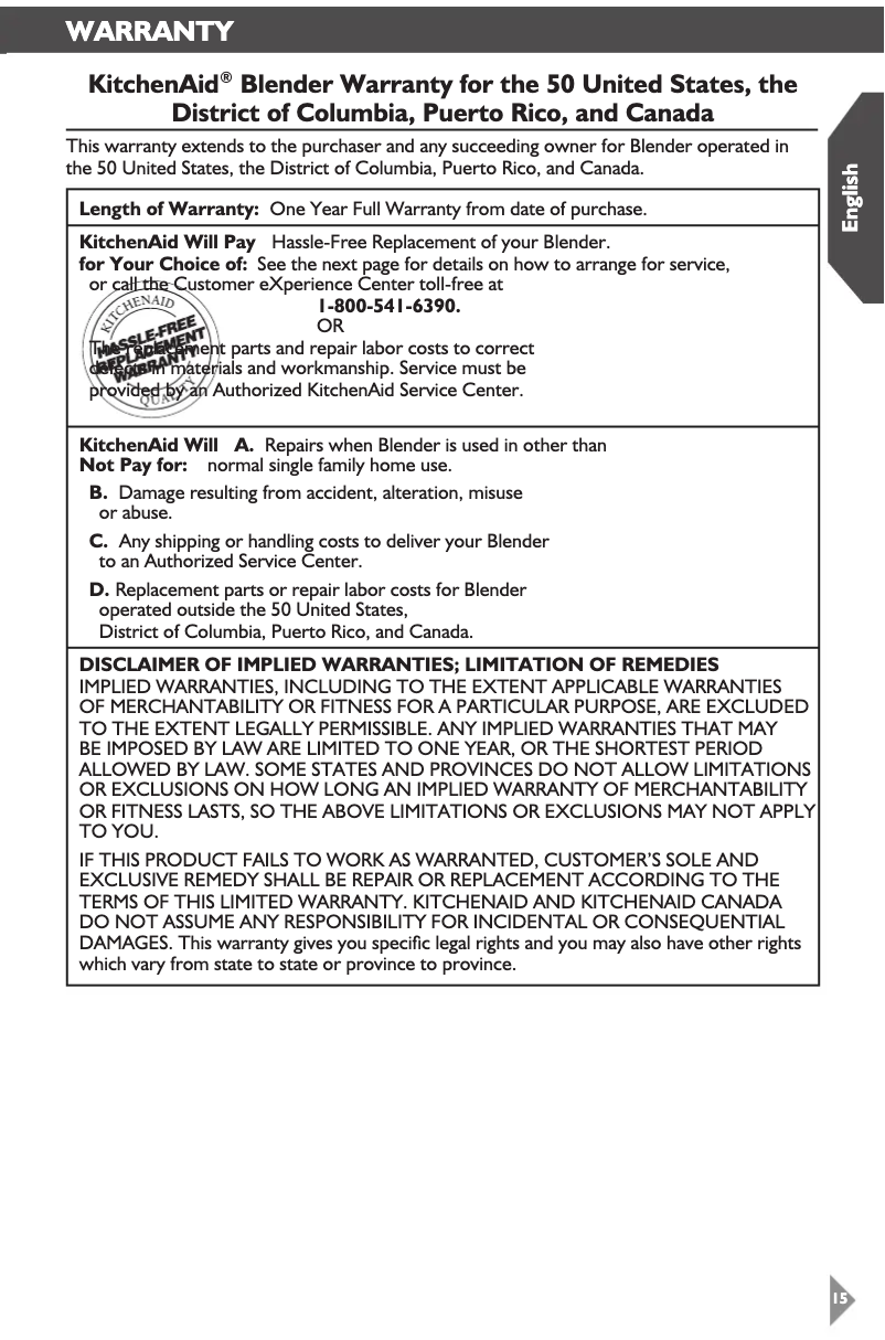 Page 1 of the manual Warranty Information KitchenAid KSB1575BY