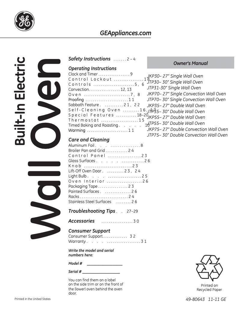 Page 1 de la notice Manuel d'utilisation et d'entretien GE JKP70SPSS