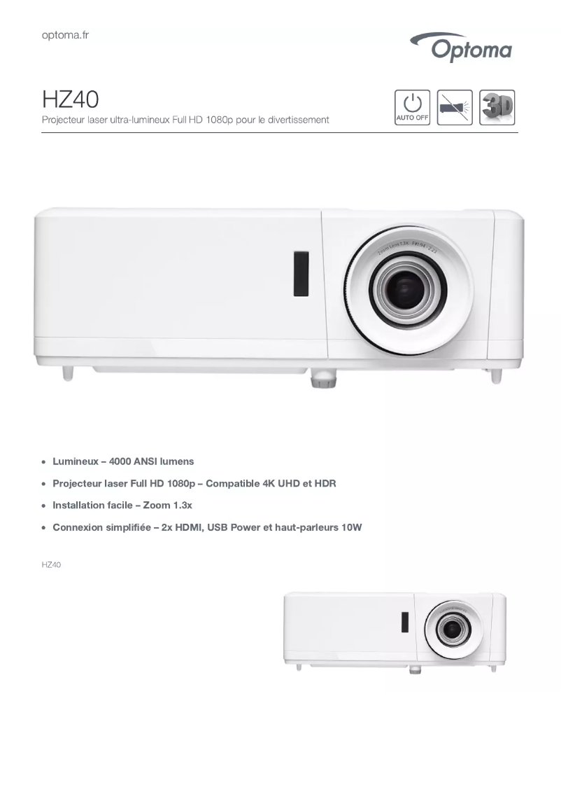 Page 1 de la notice Fiche technique Optoma HZ40