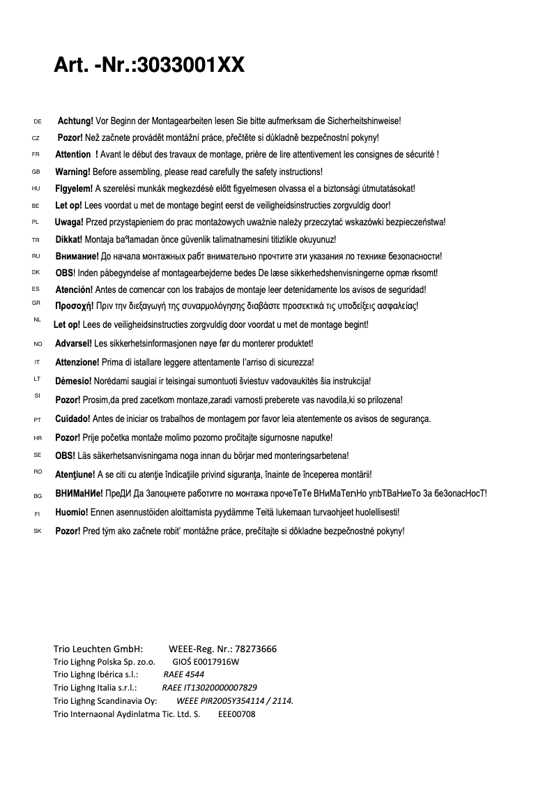 Page 1 de la notice Manuel utilisateur Trio Lighting Hotel 303300114