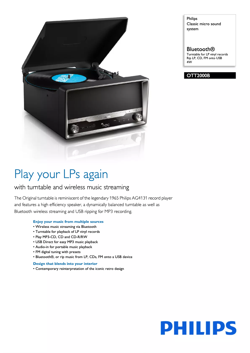 Página 1 del manual Ficha técnica Philips OTT2000B