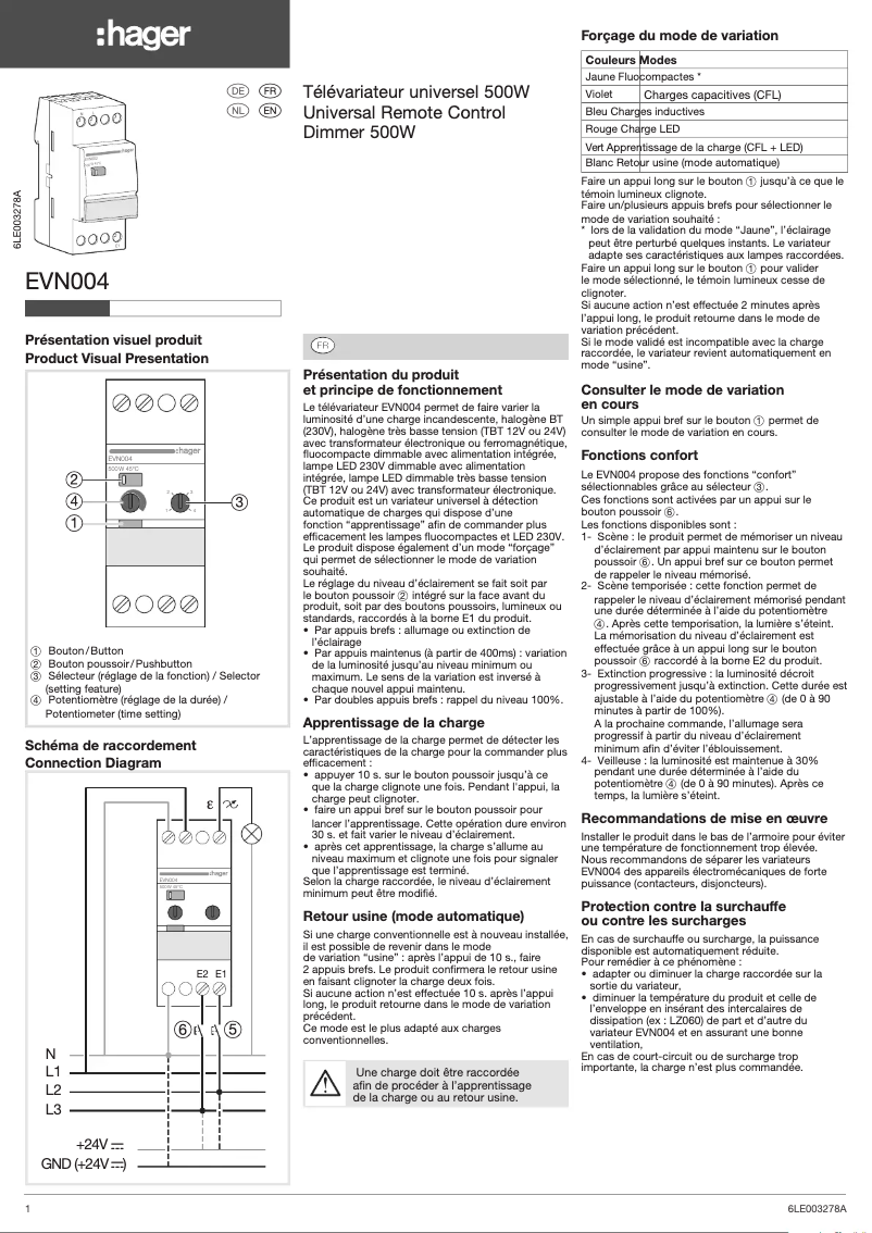 Page 1 de la notice Manuel utilisateur Hager EVN004
