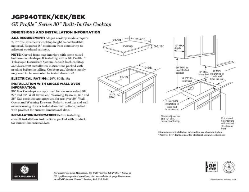 Page 1 of the manual Technical Sheet GE Profile JGP940TEKWW