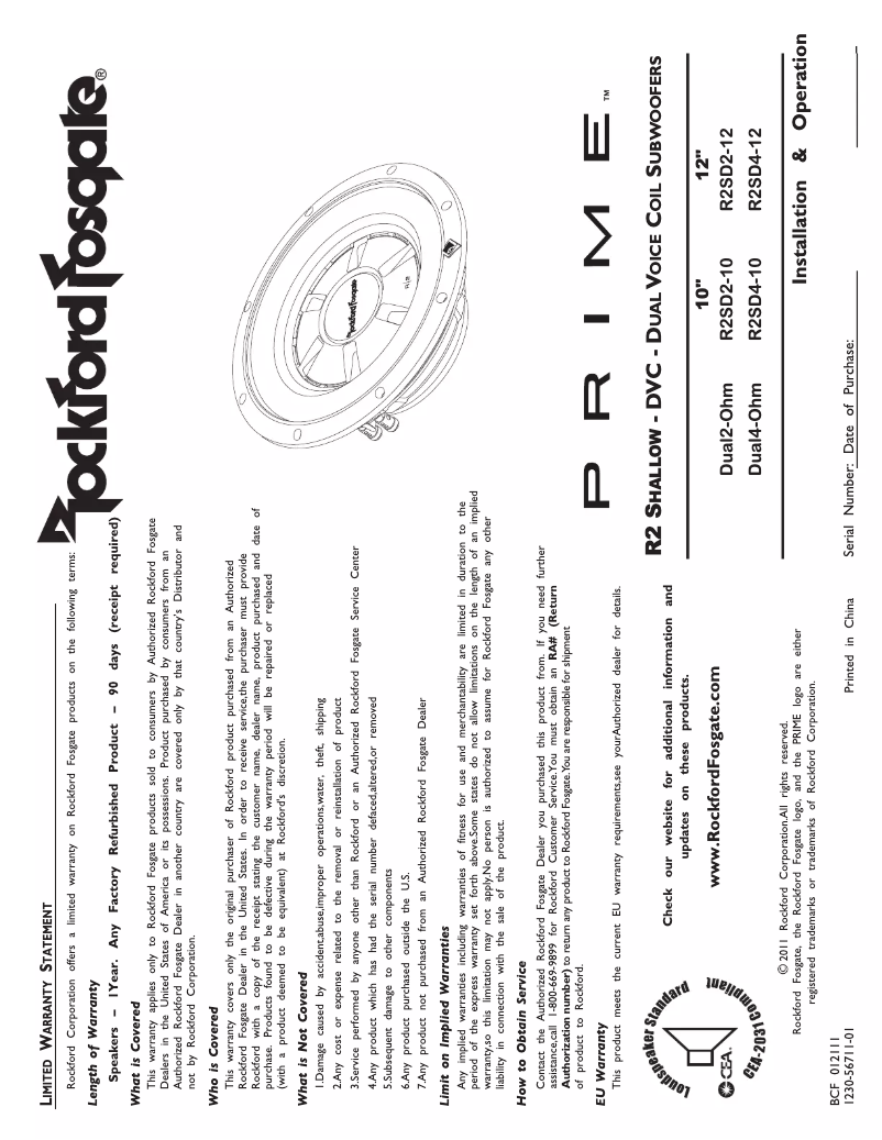 Page n°1 - Manuel utilisateur Rockford Fosgate Prime R2SD4-12