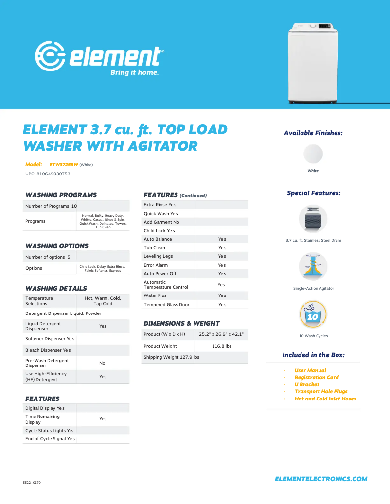 Page 1 de la notice Fiche technique Element ETW3725BW