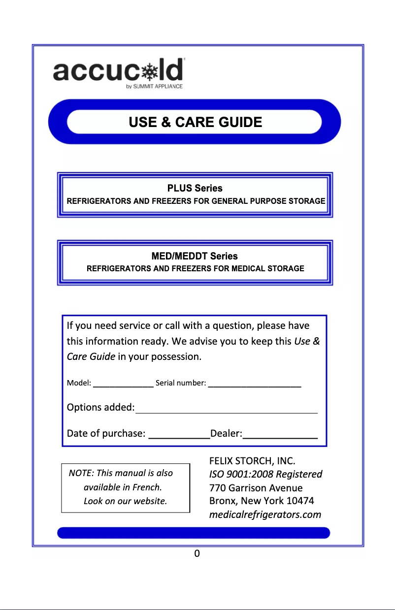 Page 1 de la notice Manuel d'utilisation et d'entretien Summit Accucold FS407L7MED