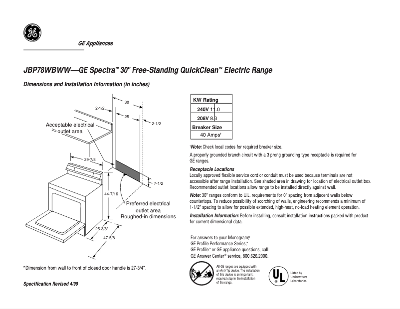 Page n°1 - Fiche technique GE Spectra JBP78WBWW