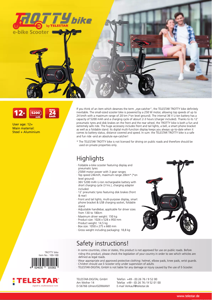 Page 1 de la notice Fiche technique Telestar TROTTY bike