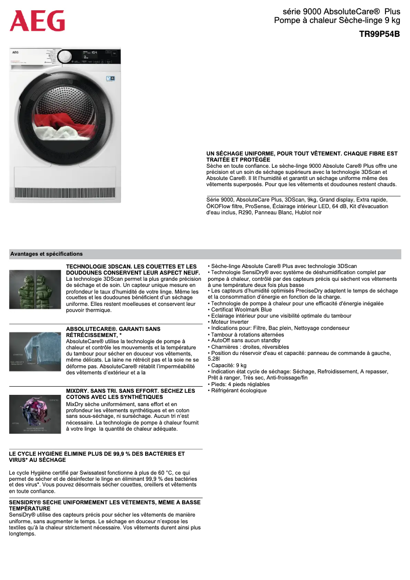 Page n°1 - Fiche technique AEG TR99P54B
