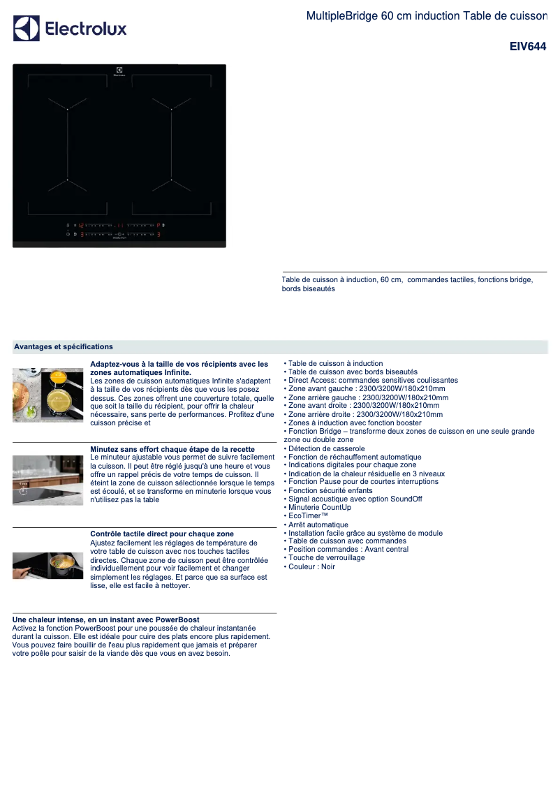 Page 1 de la notice Fiche technique Electrolux EIV644