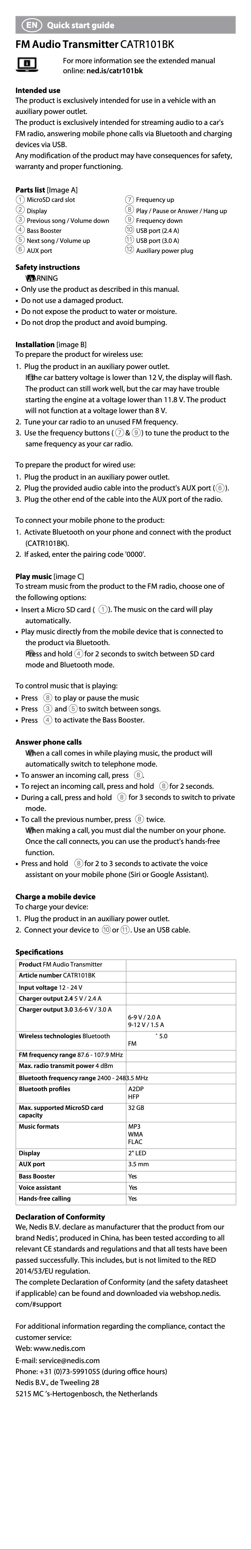 Page 1 de la notice Manuel utilisateur Nedis CATR101BK