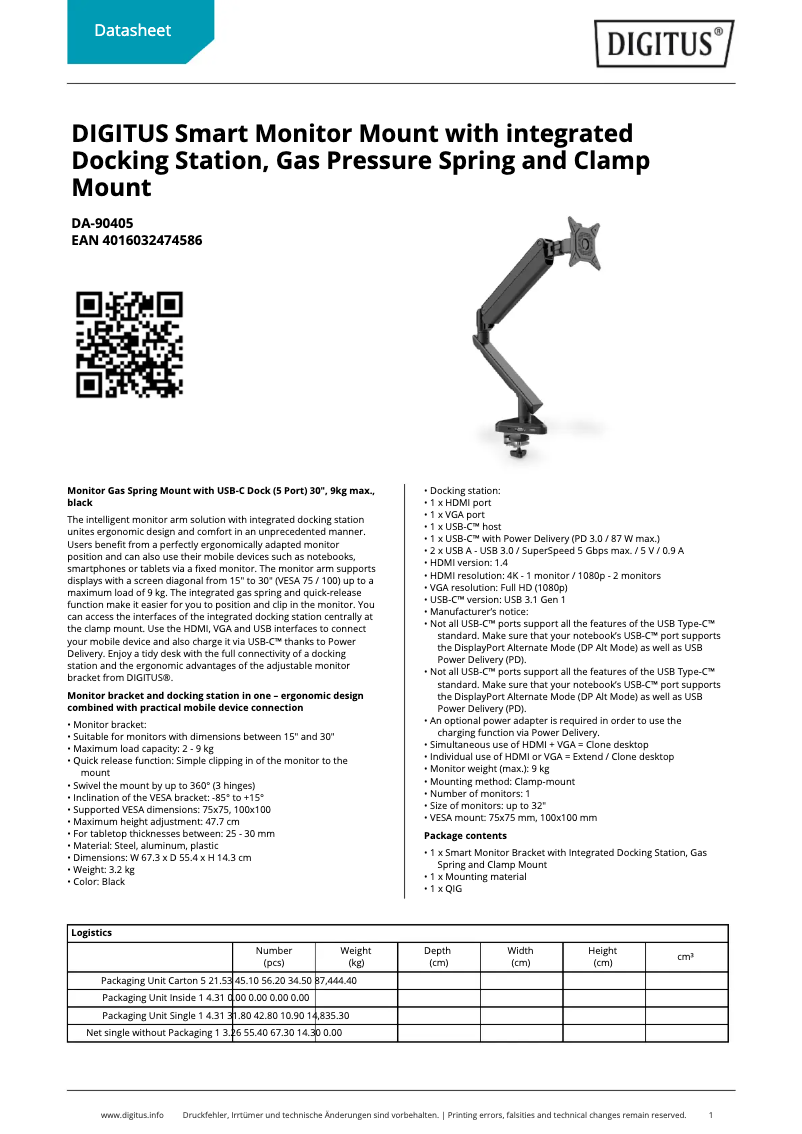 Page 1 de la notice Fiche technique Digitus DA-90405