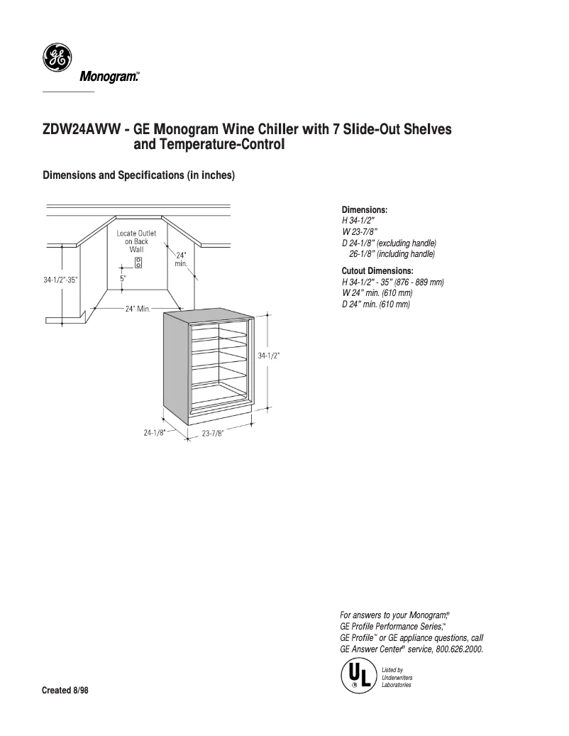 Page 1 de la notice Fiche technique GE ZDW24AWW