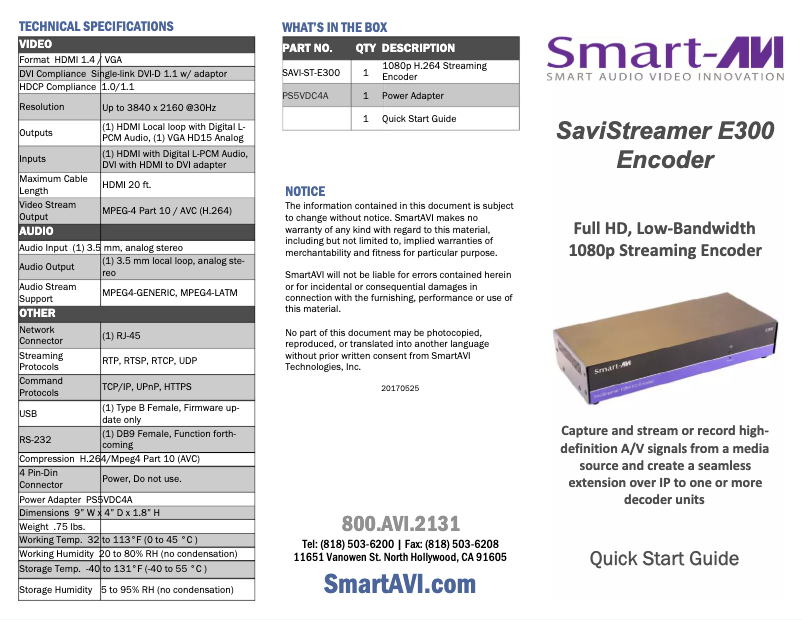 Page 1 de la notice Manuel utilisateur Smart-AVI E300