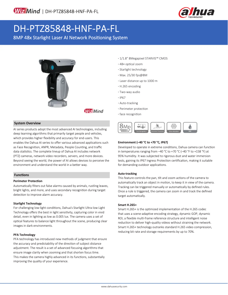 Page n°1 - Fiche technique Dahua Technology PTZ85848-HNF-PA-FL