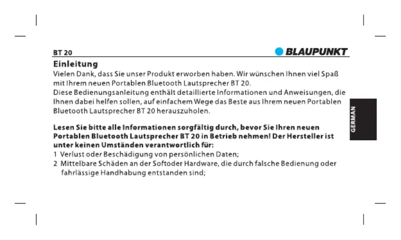 Page n°1 - Manuel utilisateur Blaupunkt BT 20
