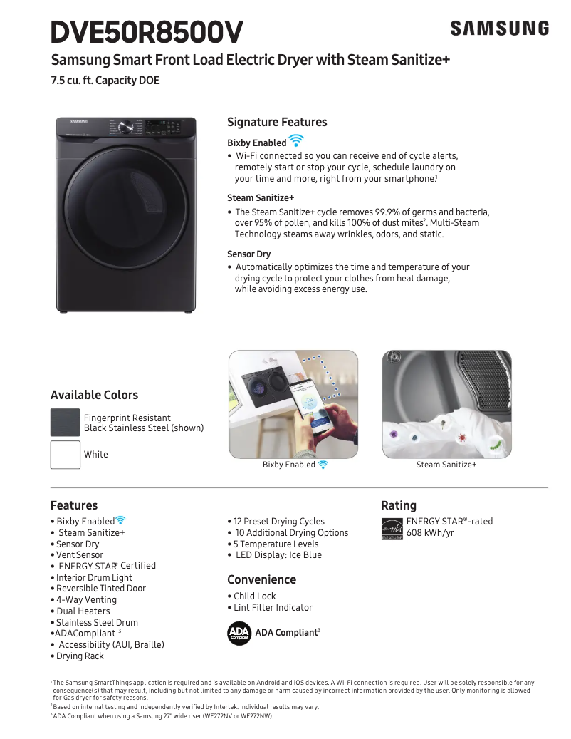 Page 1 de la notice Fiche technique Samsung DVE50R8500W