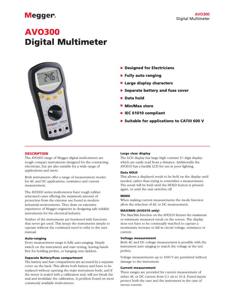 Page 1 de la notice Fiche technique Megger AVO300