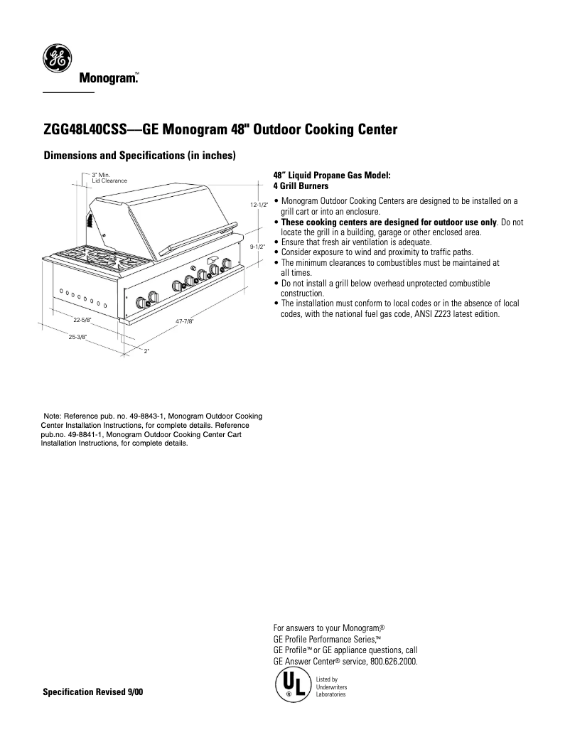 Page n°1 - Fiche technique GE ZGG48L40CSS