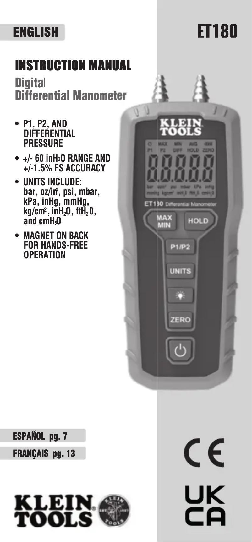 Page 1 de la notice Manuel utilisateur Klein Tools ET180