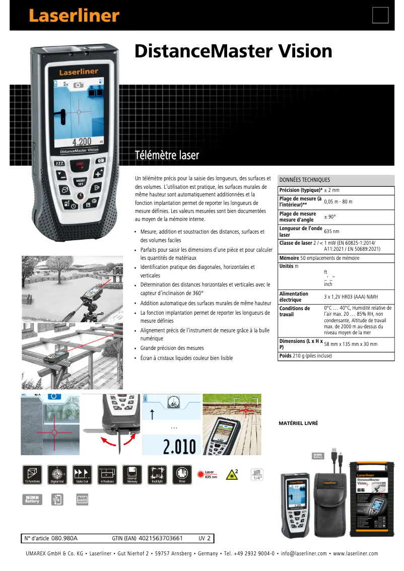 Page 1 de la notice Fiche technique Laserliner DistanceMaster Vision