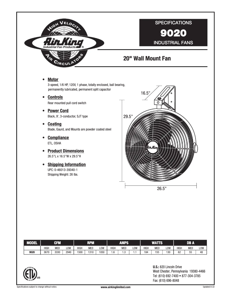 Page 1 de la notice Fiche technique Air King 9020