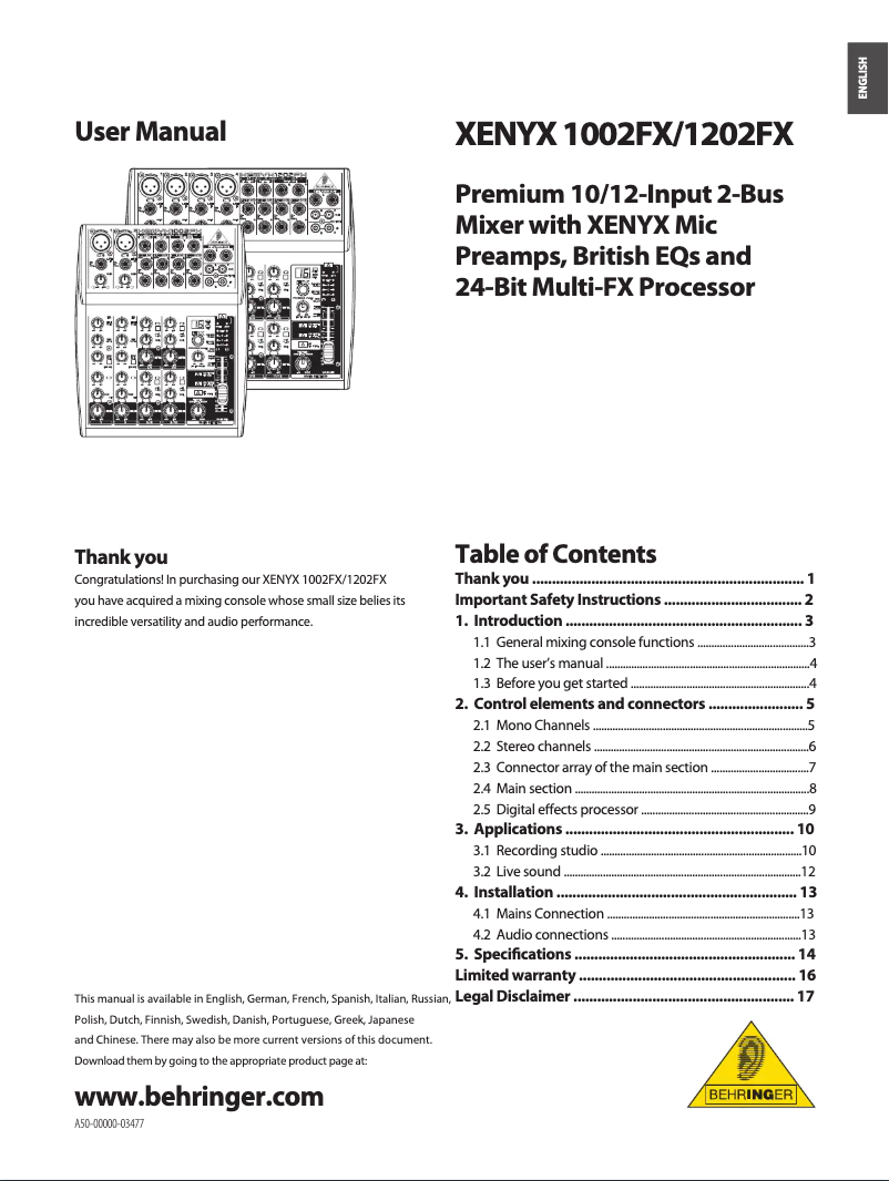 Page 1 de la notice Manuel utilisateur Behringer Xenyx 1832FX