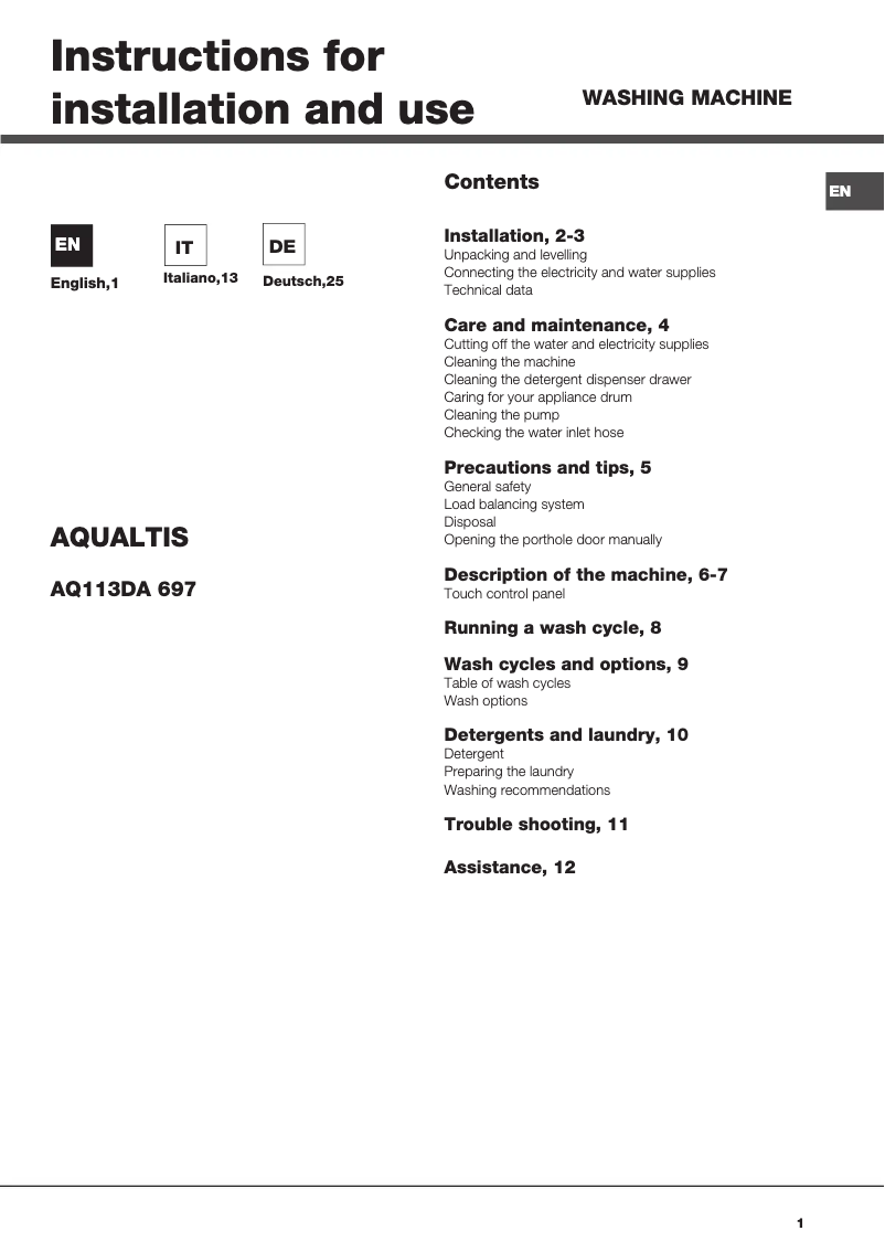 Page n°1 - Manuel utilisateur Hotpoint Ariston AQ113DA 697 EU/A