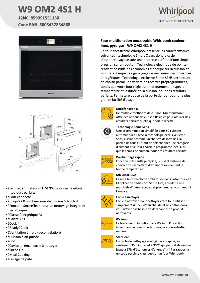 Page 1 de la notice Fiche technique Whirlpool W9 OM2 4S1 H