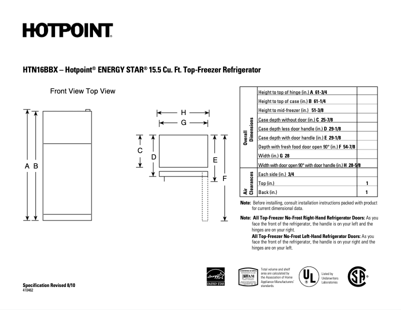Page 1 de la notice Fiche technique Hotpoint HTN16BBXWW
