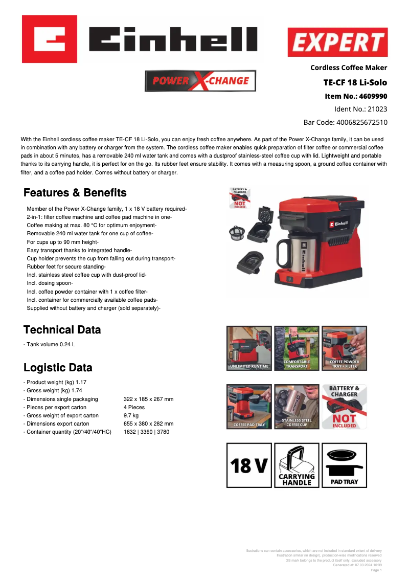 Page n°1 - Fiche technique Einhell TE-CF 18 Li