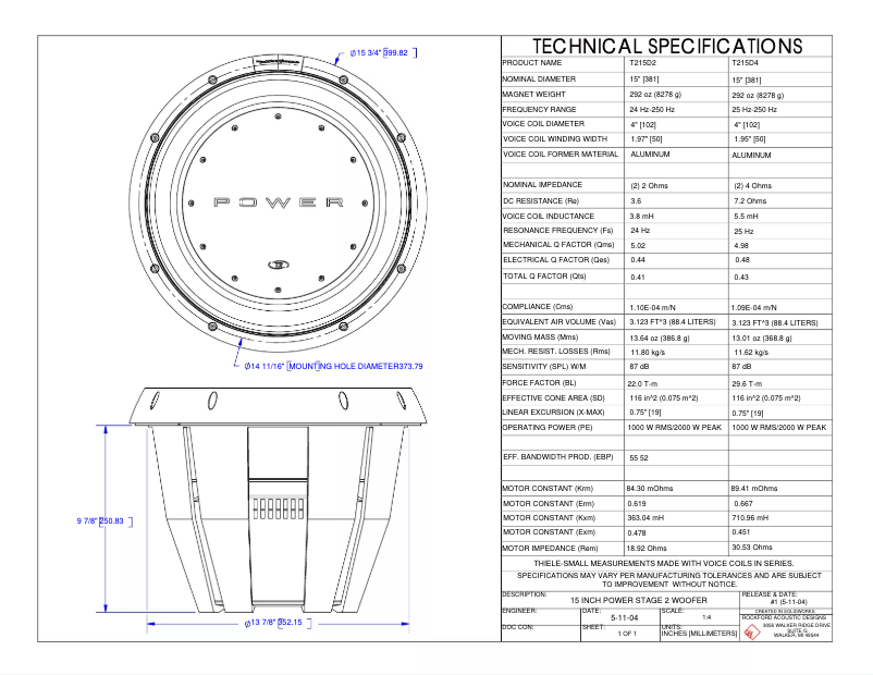 Page 1 de la notice Fiche technique Rockford Fosgate Power T110D2