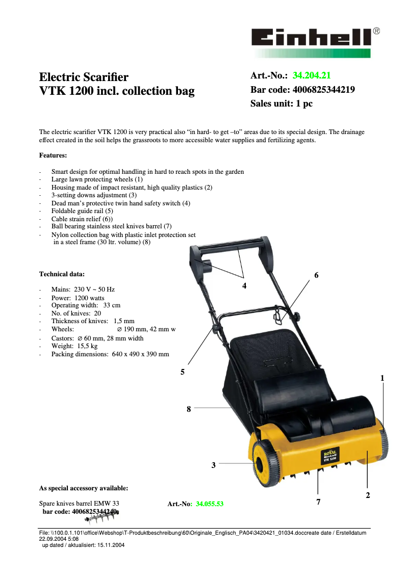 Page n°1 - Manuel utilisateur Einhell VTK 1200