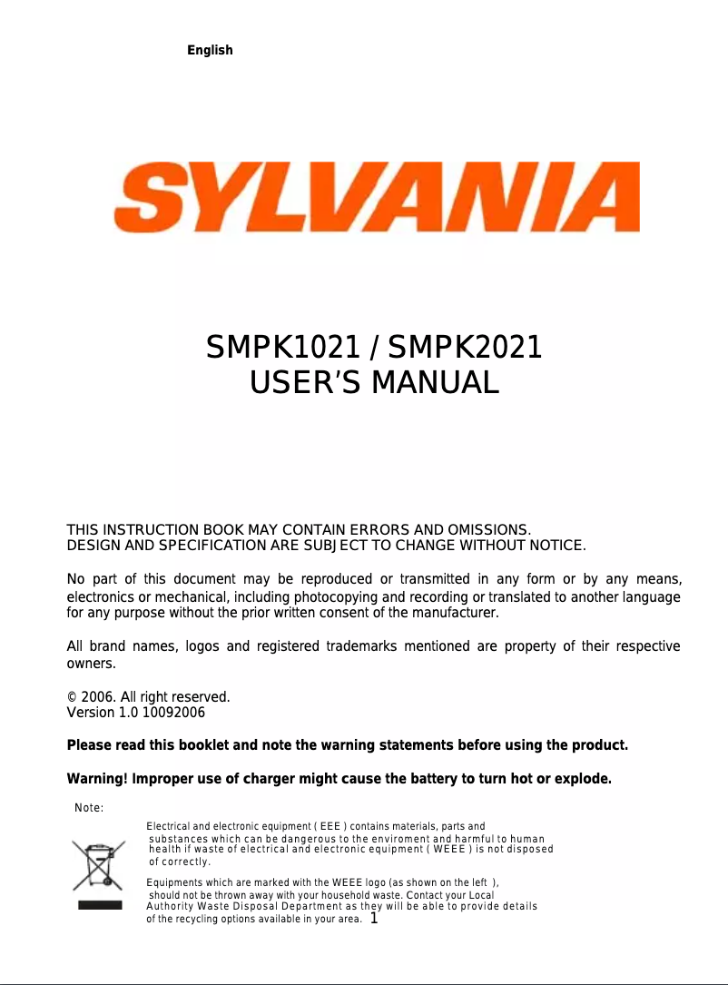 Page n°1 - Manuel utilisateur Sylvania SMPK2021
