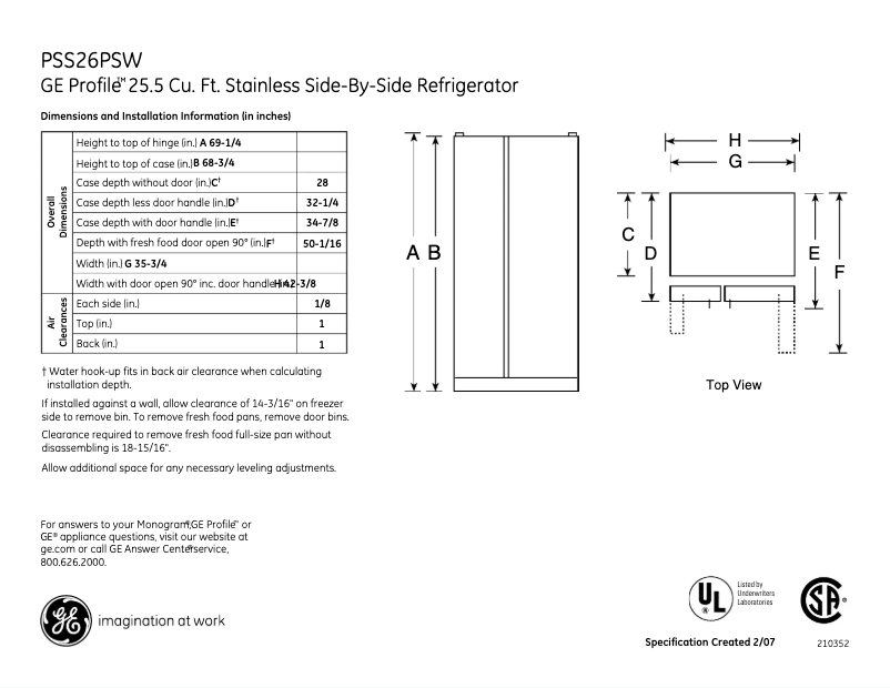 Page 1 de la notice Fiche technique GE PSS26PSWSS