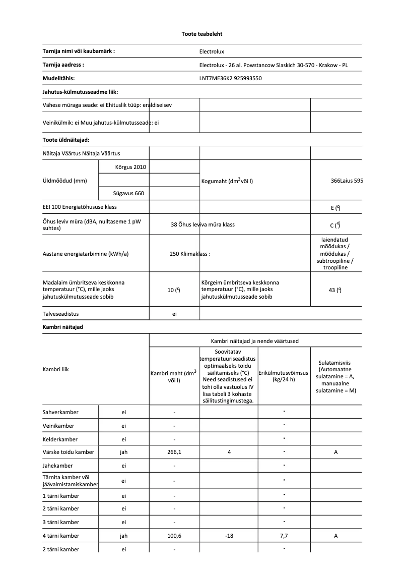 Page 1 de la notice Fiche technique Electrolux LNT7ME36K2