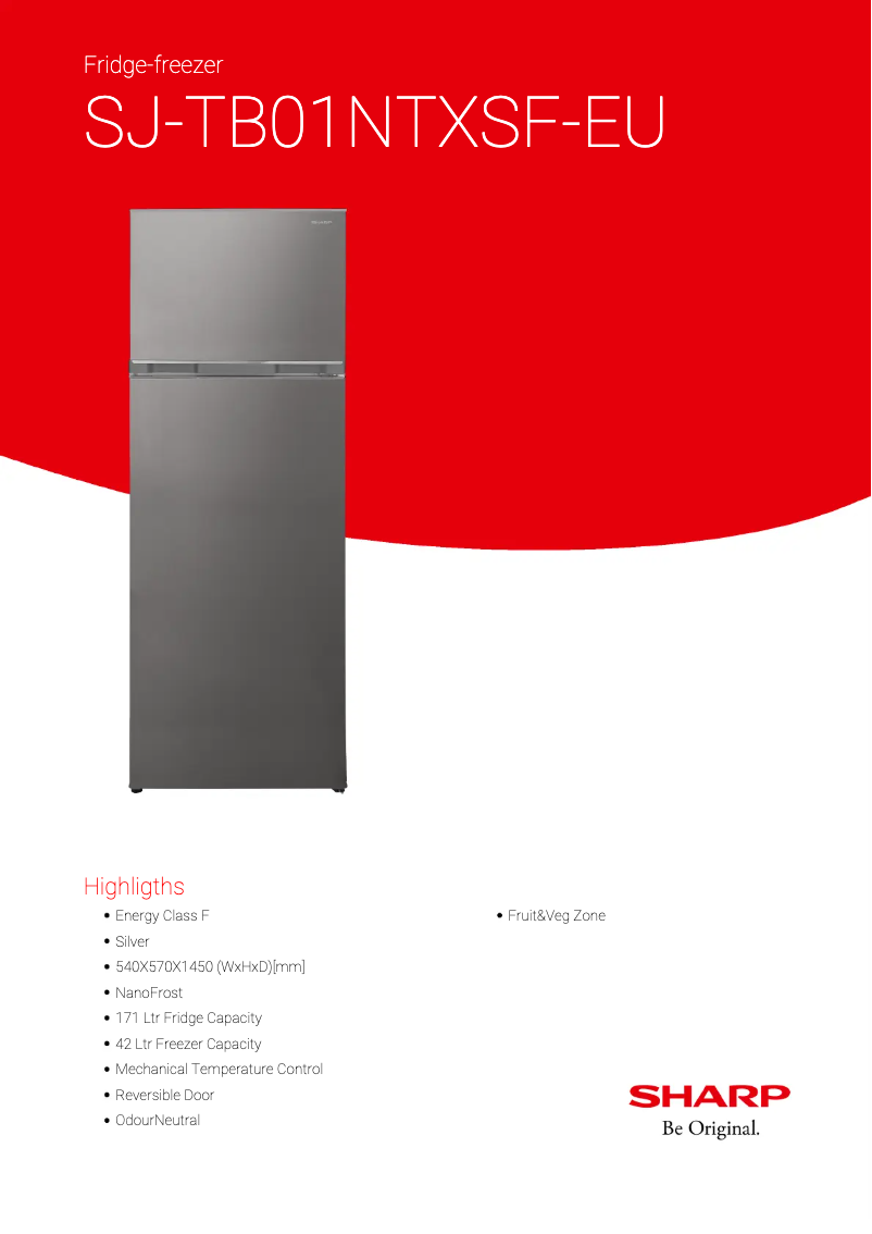 Page 1 de la notice Fiche technique Sharp SJ-TB01NTXSF-EU