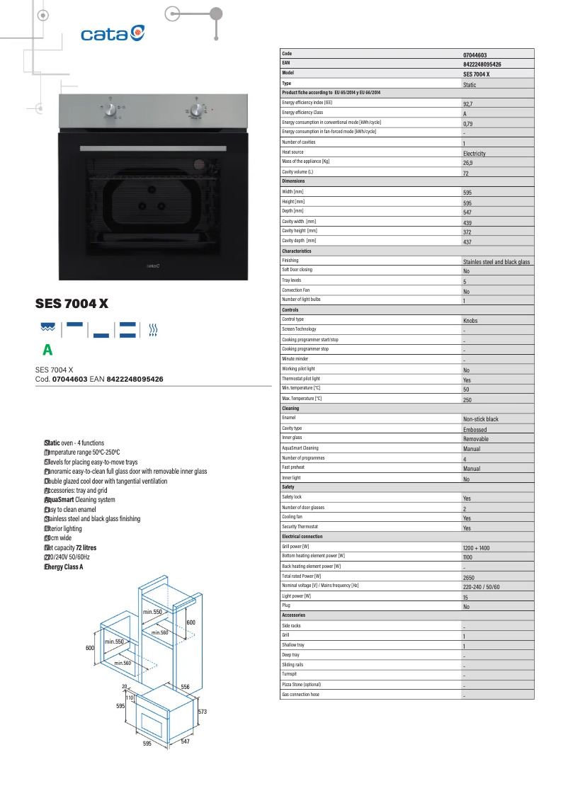 Page 1 de la notice Fiche technique CATA SES 7004 X