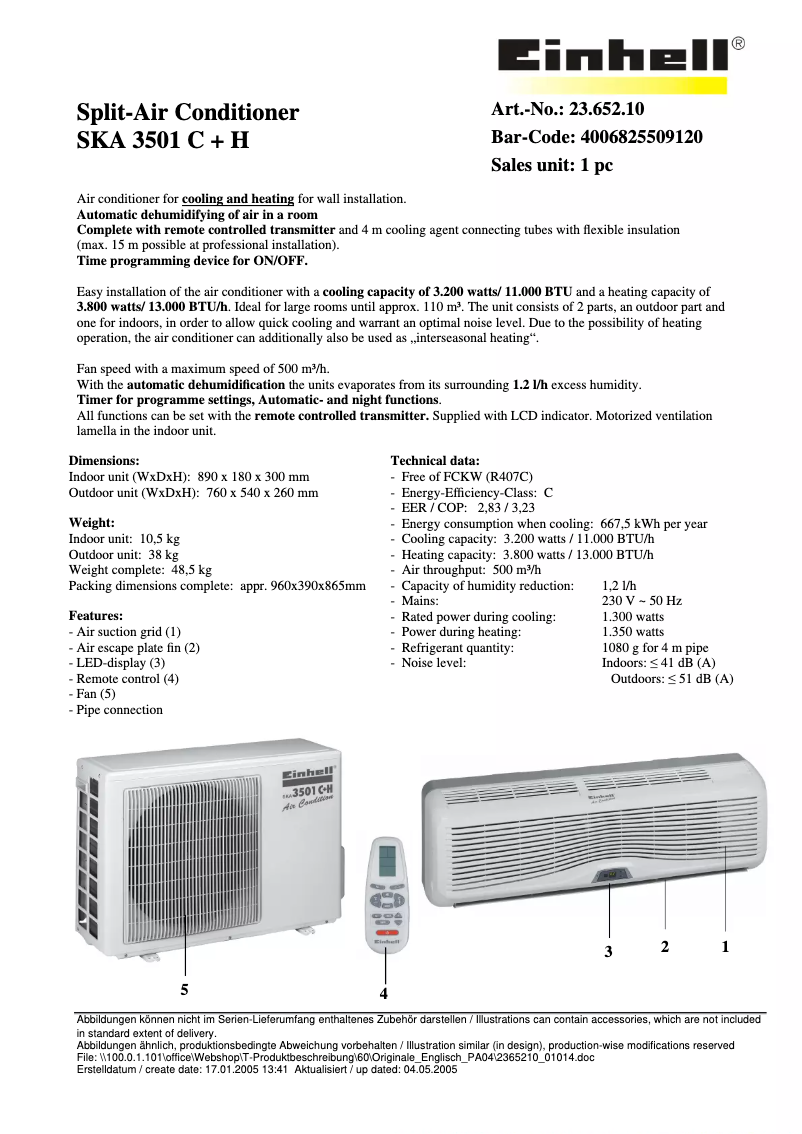 Page 1 de la notice Fiche technique Einhell SKA 3501 C+H
