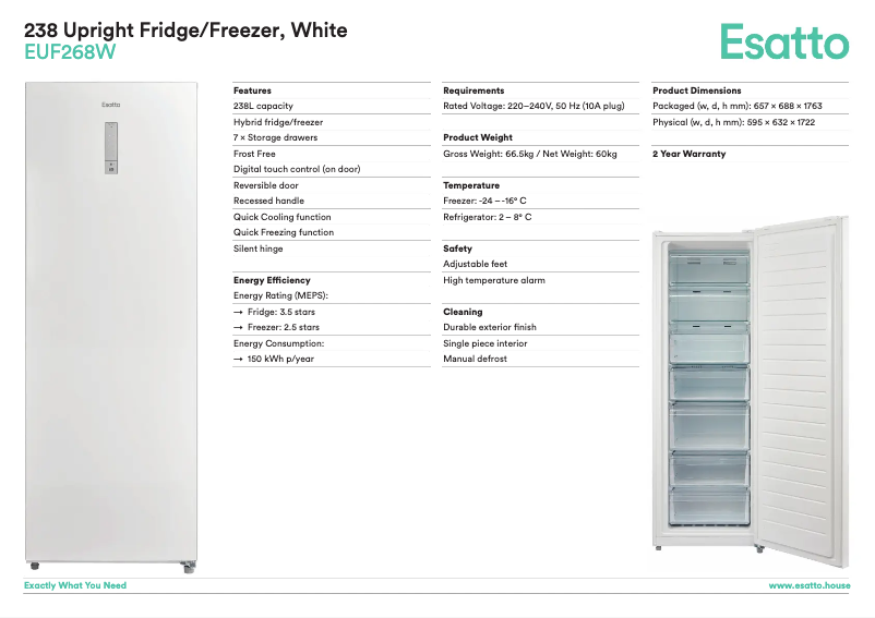 Page 1 de la notice Fiche technique Esatto EUF268W