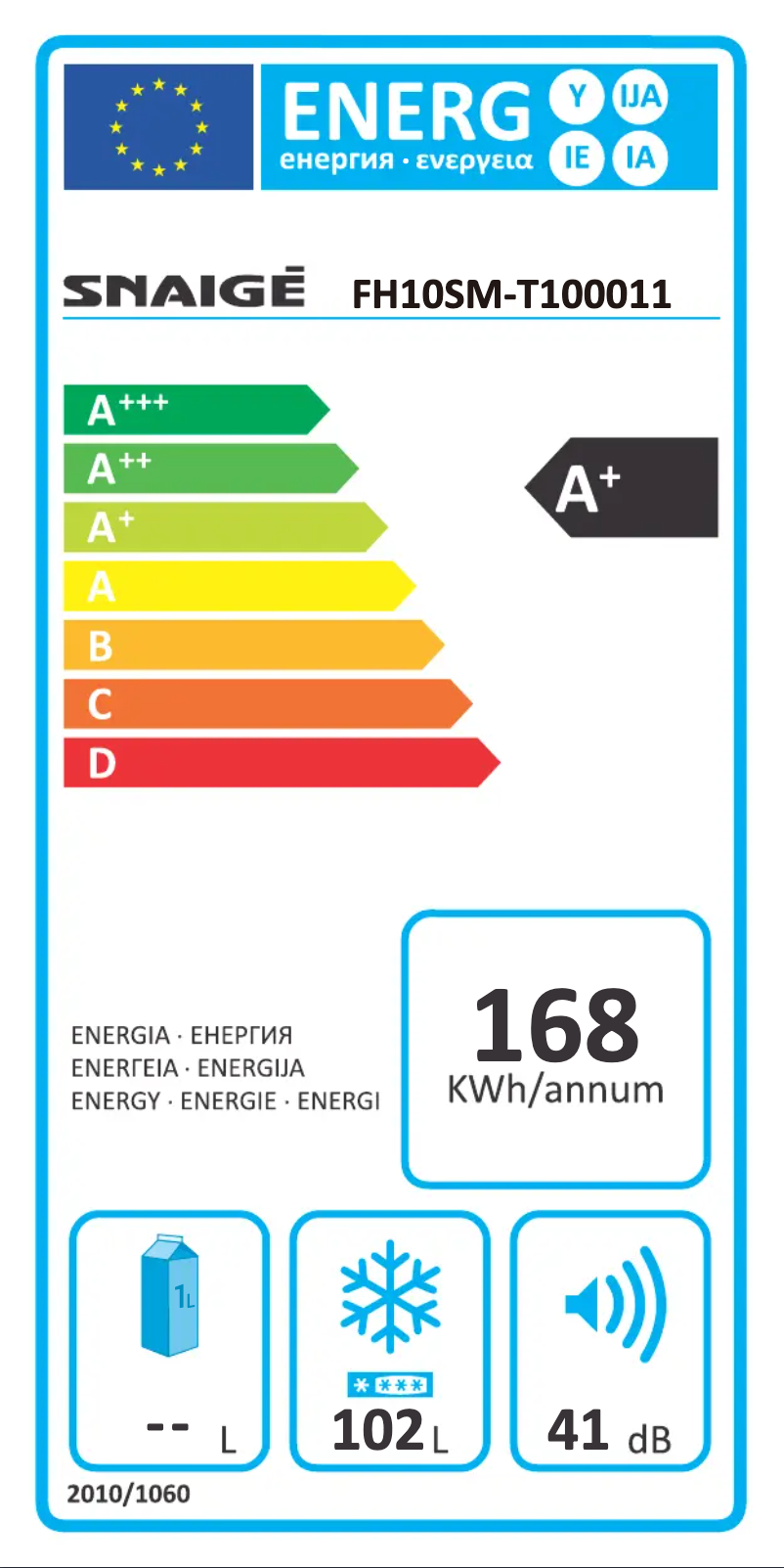 Página 1 del manual Etiqueta energética Snaigė FH10SM-TM000F1