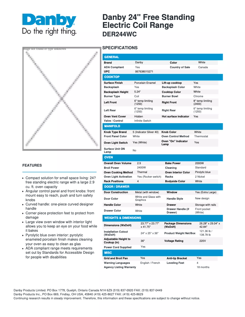 Page 1 de la notice Fiche technique Danby DER244WC