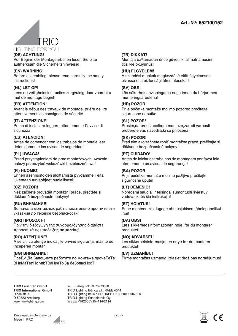 Page 1 de la notice Manuel utilisateur Trio Lighting Pirin 652100152