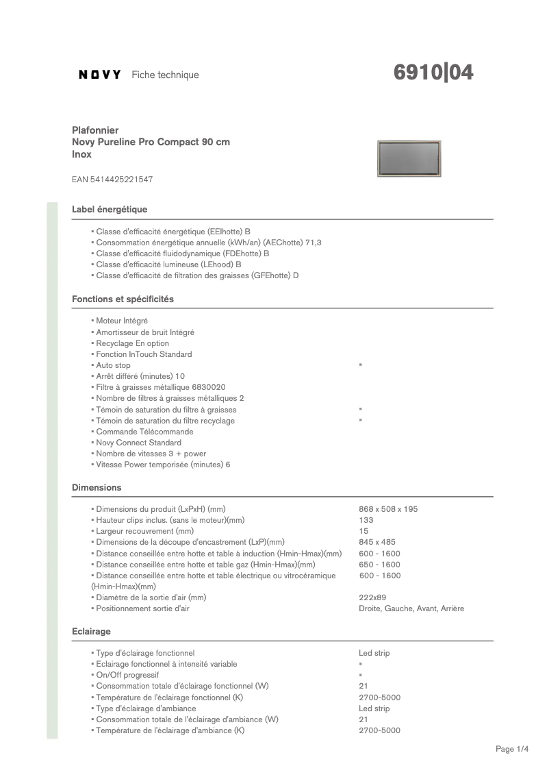 Page 1 de la notice Fiche technique Novy Pureline Pro Compact 6910