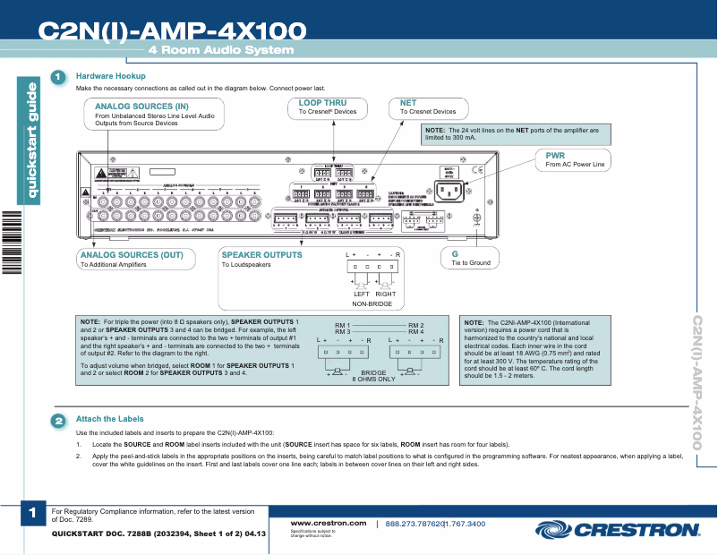 Page 1 de la notice Manuel utilisateur Crestron C2NI-AMP-4X100