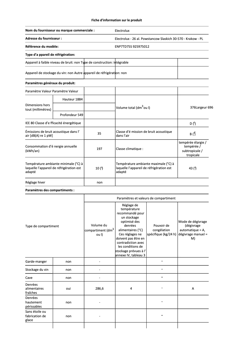 Page 1 de la notice Fiche technique Electrolux ENP7TD75S