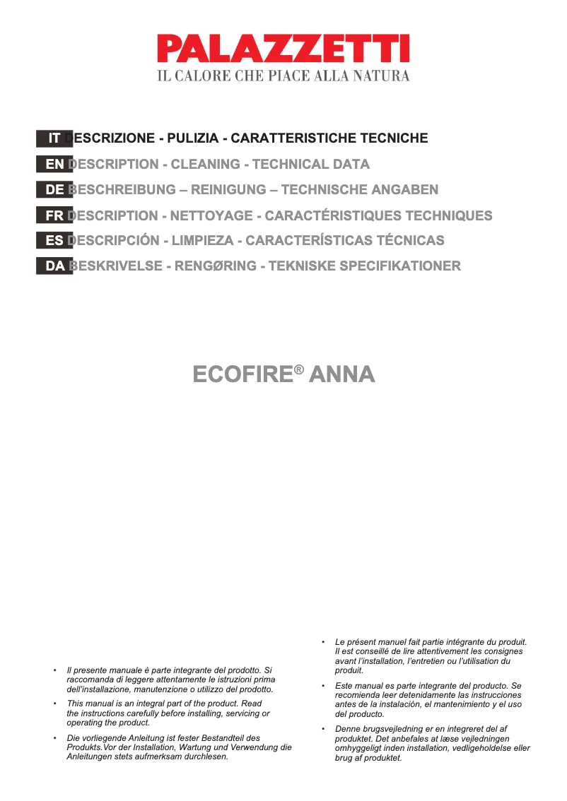 Page 1 de la notice Manuel utilisateur Palazzetti Ecofire Anna 9 Pro 2 air