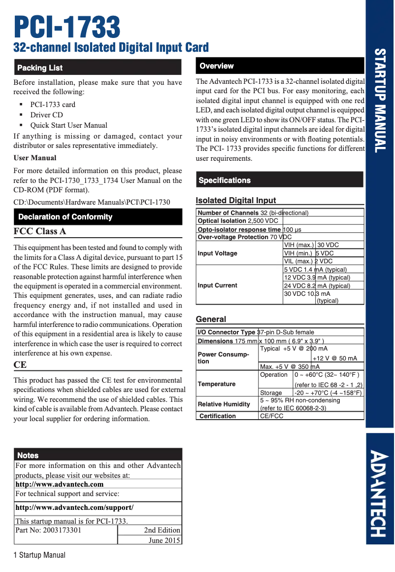 Image de la première page du manuel de l'appareil PCI-1733-BE