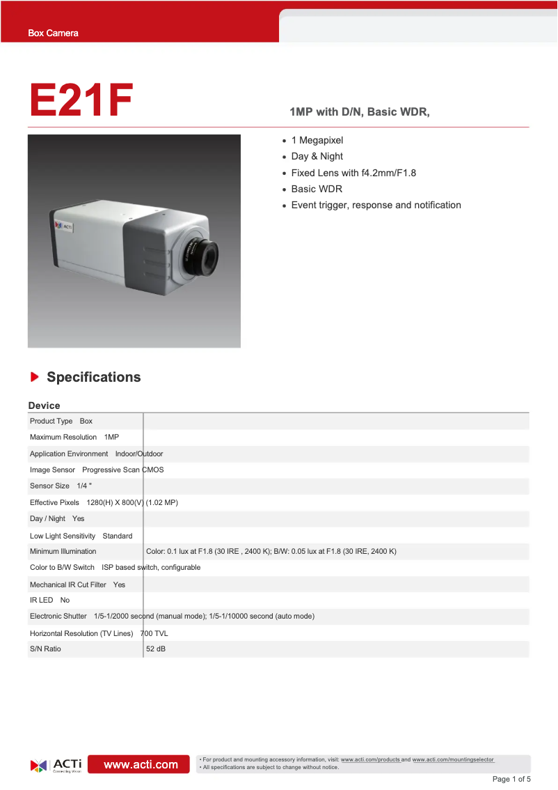 Page 1 de la notice Fiche technique ACTi E21F