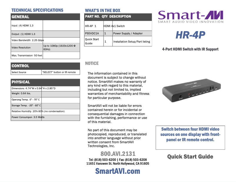 Page 1 de la notice Manuel utilisateur Smart-AVI HR-4P